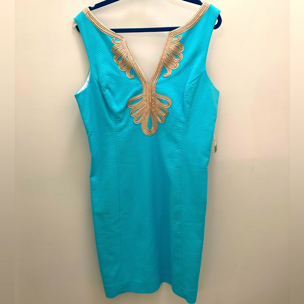 NEW Lilly Pulitzer Janice Shift women’s dress Shorely Blue size 14 NWT gold trim